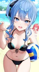 Rule 34 | &gt; &lt;, 2girls, absurdres, ahoge, ball, beach, beach volleyball, bikini, black bikini, blue eyes, blue hair, breasts, cloud, commentary request, day, hair between eyes, highres, holding, holding ball, hololive, hoshimachi suisei, jewelry, kudoukudokudo, long hair, looking at viewer, multiple girls, navel, necklace, ocean, open mouth, outdoors, pink hair, sakura miko, sand, side ponytail, small breasts, star (symbol), star in eye, stomach, swimsuit, symbol in eye, virtual youtuber, volleyball (object)