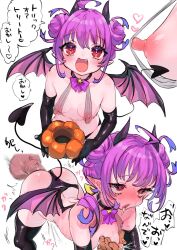 Rule 34 | 1boy, 1girl, ahegao, all fours, blush, breasts, covered erect nipples, demon, demon horns, demon tail, demon wings, double bun, drooling, elbow gloves, food, gloves, hair bun, halterneck, heart, heart-shaped pupils, hetero, highres, holding, holding food, holding pumpkin, holding vegetable, horns, lactation, long nipples, multiple views, open mouth, original, panties, pikapika100star, pointy ears, pumpkin, red eyes, revealing clothes, see-through, see-through shirt, sex, small breasts, smile, sweat, symbol-shaped pupils, tail, thighhighs, tongue, tongue out, translation request, underwear, vegetable, wings