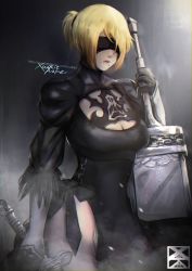 Rule 34 | 1girl, absurdres, black leotard, blindfold, breasts, cleavage, closed mouth, cosplay, crossover, gloves, highres, holding, holding sword, holding weapon, leotard, long sleeves, medium hair, metroid, mole, mole under mouth, nier:automata, nier (series), nintendo, ponytail, samus aran, signature, solo, sword, weapon, white gloves, xuuikie ashe, 2b (nier:automata), 2b (nier:automata) (cosplay)