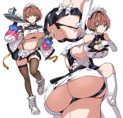 Rule 34 | 1girl, apron, ass, black neckwear, black panties, black thighhighs, bow, bowtie, breasts, brown hair, cleavage, covered erect nipples, cup, elbow gloves, gloves, highleg, highleg panties, holding, huge breasts, jacket, maid headdress, multiple views, navel, off shoulder, original, panties, panty pull, saitou masatsugu, shoes, simple background, skirt, sleeveless, sneakers, thighhighs, tray, underboob, underwear, waist apron, white background, white footwear, white gloves