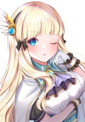 Rule 34 | 1girl, black bow, blonde hair, blue eyes, blush, bow, breasts, elf, hair bow, hair ornament, highres, large breasts, long hair, looking at viewer, open mouth, pointy ears, princess connect!, ryuna (inc moon), saren (princess connect!), solo