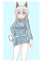 Rule 34 | 1girl, animal ears, blonde hair, blue background, blue jacket, blush, border, breasts, contrapposto, dog ears, eila ilmatar juutilainen, hand on own hip, jacket, long hair, medium breasts, open mouth, pantyhose, purple eyes, solo, strike witches, uniform, white border, white pantyhose, world witches series, yama dango