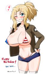 Rule 34 | 1girl, alternate hairstyle, american flag bikini, american flag print, bikini, bikini under clothes, blonde hair, blue eyes, blush, breasts, cleavage, covered erect nipples, cube (huidama), denim, denim shorts, flag print, girls und panzer, hair intakes, happy birthday, highres, huge breasts, jacket, kay (girls und panzer), looking at viewer, navel, one eye closed, open clothes, open jacket, ponytail, print bikini, saunders military uniform, shorts, smile, solo, swimsuit, teeth, thighhighs, twitter username