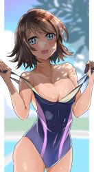Rule 34 | 1girl, blue eyes, blue one-piece swimsuit, breasts, brown hair, cleavage, clothes pull, competition swimsuit, cowboy shot, dappled sunlight, highres, looking at viewer, love live!, love live! sunshine!!, medium breasts, one-piece swimsuit, one-piece swimsuit pull, short hair, smile, solo, standing, sunlight, swimsuit, watanabe you, yoshiyo (buranku1129)