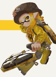 Rule 34 | 1girl, black hat, blonde hair, boots, bucket hat, closed mouth, cross-laced footwear, full body, glint, hat, holding, holding sword, holding weapon, hwtr 06, ink tank (splatoon), inkling, inkling girl, inkling player character, jacket, long hair, nintendo, pointy ears, print headwear, simple background, solo, splatana wiper (splatoon), splatoon (series), sword, tentacle hair, weapon, white background, yellow eyes, yellow footwear, yellow jacket
