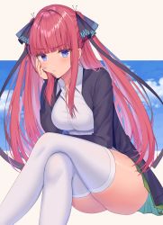 Rule 34 | 1girl, absurdres, black sweater, blue eyes, blue hair, blunt bangs, breasts, closed mouth, collared shirt, commentary request, crossed legs, dress shirt, go-toubun no hanayome, green skirt, hair ornament, hair ribbon, hands on own cheeks, hands on own face, highres, izumo neru, long hair, long sleeves, looking at viewer, nail polish, nakano nino, pink hair, pleated skirt, ribbon, shirt, sitting, skirt, solo, sweater, thighhighs, thighs, white shirt