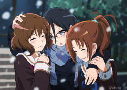 Rule 34 | 10s, 3girls, aoi bara, black coat, black hair, blue bow, blue eyes, blue ribbon, blue scarf, blurry, blurry background, bow, brown hair, brown serafuku, closed eyes, closed mouth, coat, crying, depth of field, entrance, forehead, girl sandwich, glasses, hair between eyes, hair tie, hand on another&#039;s hand, hand on another&#039;s head, hand on own chest, hand on shoulder, heads together, hibike! euphonium, highres, hug, long coat, long hair, long sleeves, looking down, multiple girls, nakagawa natsuki, open mouth, oumae kumiko, outdoors, plaid, plaid scarf, plant, ponytail, red-framed eyewear, red bow, red ribbon, ribbon, sailor collar, sandwiched, scarf, school uniform, semi-rimless eyewear, serafuku, short hair, snow, snowing, stairs, streaming tears, swept bangs, tanaka asuka, teardrop, tears, twitter username, upper body, wavy mouth