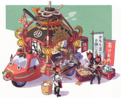 Rule 34 | 2021, 3girls, absurdres, banner, cardigan, chinese zodiac, food, food truck, happy new year, highres, japanese clothes, kine, lobster, mallet, mask, mochi, mortar (bowl), motor vehicle, multiple girls, nengajou, new year, nobori, original, ornate, poten, simple background, thighhighs, three-wheeler, translation request, valve, year of the ox