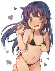 Rule 34 | 1girl, akatsuki (kancolle), bare arms, bare legs, bare shoulders, bikini, black bikini, blush, breasts, collarbone, cowboy shot, fang, hair between eyes, jabittoson, kantai collection, long hair, navel, open mouth, purple eyes, purple hair, revision, paid reward available, simple background, skin fang, small breasts, solo, swimsuit
