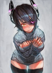 Rule 34 | 10s, 1girl, black hair, black thighhighs, blue sweater, blush, breasts, covering privates, covering breasts, embarrassed, eyebrows, eyepatch, hair ornament, hands on own chest, kantai collection, large breasts, leaning forward, looking at viewer, meme attire, open-chest sweater, short hair, sleeves past wrists, solo, sweatdrop, sweater, tearing up, tenryuu (kancolle), thighhighs, tianzhong zhongtian, wavy mouth, yellow eyes