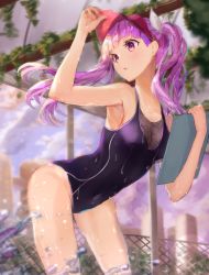 Rule 34 | 1girl, absurdres, blue one-piece swimsuit, blurry, breasts, chain-link fence, clipboard, commentary request, covered navel, depth of field, fence, hat, highres, leaning forward, long hair, looking back, new school swimsuit, one-piece swimsuit, original, purple hair, red eyes, red hat, rei (farta litia), school swimsuit, small breasts, solo, splashing, standing, swimsuit, twintails, visor cap