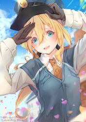 Rule 34 | 10s, 1girl, :d, artist name, blonde hair, blue eyes, blue sky, blue vest, blurry, blurry background, blush, brown gloves, character name, cloud, collared shirt, commentary request, day, depth of field, glint, gloves, hair between eyes, hand on headwear, highres, light rays, long hair, long sleeves, looking at viewer, mailman, necktie, open mouth, outdoors, petals, round teeth, salute, shirt, signature, sky, smile, solo, star (symbol), tareme, teeth, uniform, upper body, vest, violet evergarden, violet evergarden (series), white shirt, wing collar, xhunzei, yellow necktie