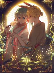 Rule 34 | 1boy, 1girl, animal ears, aqua hair, bad id, bad twitter id, blonde hair, blue eyes, commentary request, floral print, flower, from side, hand fan, hatsune miku, highres, hina (yys8487), holding, holding fan, holding hands, japanese clothes, kagamine len, kemonomimi mode, kimono, korean commentary, long hair, nail polish, paper fan, ponytail, rabbit ears, rose, short hair, smile, star (sky), twintails, uchiwa, universe, very long hair, vocaloid