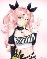 Rule 34 | 1girl, absurdres, belt, black belt, black jacket, black ribbon, blue nails, breasts, blowing bubbles, chewing gum, cleavage, commentary, green eyes, hair ornament, hair ribbon, hairclip, hand up, highres, jacket, large breasts, long hair, long sleeves, looking at viewer, midriff, nail polish, navel, nicole demara, nights viper, open clothes, open jacket, pink background, pink hair, pink nails, ribbon, solo, stomach, strapless, tube top, two side up, upper body, very long hair, w, zenless zone zero