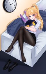 Rule 34 | 1girl, absurdres, blonde hair, clock, couch, feet, highres, light blush, long hair, looking at viewer, miniskirt, nyanbutter, office lady, pantyhose, parted lips, ponytail, purple eyes, shoes, skirt, toes, unworn shoes, wall clock