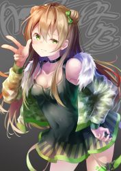 Rule 34 | 1girl, ahoge, bare shoulders, blush, bow, breasts, brown hair, camouflage, camouflage jacket, character name, choker, cleavage, collarbone, covered navel, double bun, dress, fur-trimmed jacket, fur trim, girls&#039; frontline, green eyes, hair between eyes, hair bow, hair bun, half-closed eye, hand on own hip, highres, jacket, konome noi, long hair, looking at viewer, medium breasts, paint splatter, parted lips, rfb (girls&#039; frontline), short dress, sidelocks, smile, solo, strap, w