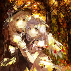Rule 34 | 2girls, angel wings, autumn leaves, bad id, bad pixiv id, black dress, blonde hair, bow, dress, hat, hat bow, hug, looking at viewer, mai (touhou), multiple girls, own hands clasped, own hands together, puffy short sleeves, puffy sleeves, purple hair, shirt, short sleeves, touhou, touhou (pc-98), vima, white dress, wings, wrist cuffs, yellow eyes, yuki (touhou)