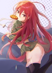 Rule 34 | 1girl, absurdres, alastor (shakugan no shana), ass, black thighhighs, bread, breasts, food, food in mouth, from side, green shirt, green skirt, hair between eyes, highres, jewelry, long hair, long sleeves, melon bread, midriff, miniskirt, mouth hold, no panties, pendant, red eyes, red hair, sailor collar, school uniform, serafuku, shakugan no shana, shana, shirt, skirt, small breasts, solo, thighhighs, very long hair, yonemochi yume