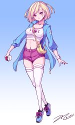 Rule 34 | 1girl, bag, blonde hair, blue background, blue footwear, blue jacket, breasts, collarbone, commentary request, commission, creatures (company), cresselia, dated, full body, game freak, gen 4 pokemon, gradient background, highres, holding, holding poke ball, jacket, legendary pokemon, long sleeves, looking at viewer, medium breasts, midriff, navel, nintendo, open clothes, open jacket, personification, pink eyes, pink shorts, poke ball, poke ball (basic), pokemon, scarlet zel, shoes, short hair, shorts, signature, solo, standing, thighhighs, thighs, white thighhighs