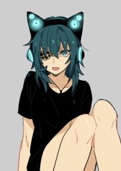 Rule 34 | 10s, 1girl, alternate costume, animal ear headphones, animal ears, axent wear, cat ear headphones, cat ears, crnksg, eyepatch, fake animal ears, fang, green eyes, green hair, grey background, headphones, jewelry, kantai collection, kiso (kancolle), matching hair/eyes, messy hair, necklace, open mouth, shirt, short hair, sitting, sketch, solo, sugimoto (niboshiumai), t-shirt