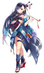 Rule 34 | 1girl, black eyes, black hair, breasts, caravan stories, dagger, eyes visible through hair, full body, hair over one eye, highres, japanese clothes, kimono, knife, large breasts, long hair, looking at viewer, original, smile, smoking pipe, solo, standing, thigh strap, weapon, zenyu