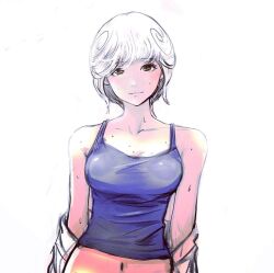 Rule 34 | 1girl, 6maker, amano ai, blue tank top, breasts, brown eyes, commentary request, curly hair, den&#039;ei shoujo, highres, medium breasts, midriff, navel, procreate (medium), solo, sweat, tank top, upper body, white hair