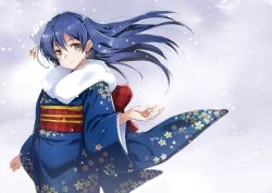 Rule 34 | 1girl, blue hair, blush, closed mouth, commentary request, cowboy shot, floral print, flower, furisode, hair between eyes, hair flower, hair ornament, inue shinsuke, japanese clothes, kimono, long hair, long sleeves, looking at viewer, love live!, love live! school idol festival, love live! school idol project, smile, snow, snowing, solo, sonoda umi, wide sleeves, yellow eyes