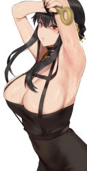Rule 34 | 1girl, armpit lips, armpits, arms up, bare shoulders, black dress, black gloves, black hair, breasts, cleavage, commentary request, dagger, dress, fingerless gloves, gloves, gold hairband, hairband, highres, knife, kurowa, large breasts, long hair, looking at viewer, red eyes, sidelocks, solo, spy x family, weapon, yor briar
