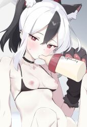 Rule 34 | 1girl, animal ears, animal hands, baby bottle, bikini, black bikini, black choker, black hair, black horns, blue archive, blush, bottle, breasts, breasts out, cat ears, choker, demon horns, earclip, fake animal ears, gloves, grey halo, halo, holding, holding bottle, horns, ikanyoikanikan, kayoko (blue archive), knees up, looking at viewer, mole, mole on neck, multicolored hair, navel, nipples, on ground, paw gloves, red eyes, small breasts, solo, sweatdrop, swimsuit, two-tone hair, white hair