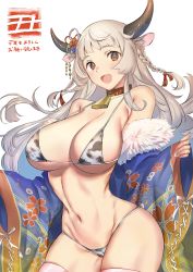 Rule 34 | 1girl, absurdres, animal ears, animal print, bell, bikini, braid, breasts, brown eyes, cow ears, cow girl, cow horns, cow print, grey hair, hair ornament, happy new year, highres, horns, japanese clothes, katase bono, kimono, large breasts, looking at viewer, neck bell, new year, open clothes, open mouth, original, smile, solo, stomach, swimsuit, thighhighs