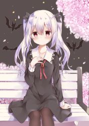 Rule 34 | 10s, 1girl, absurdres, alternate hairstyle, animal, arm support, bat (animal), bench, black dress, blush, brown background, brown pantyhose, closed mouth, collarbone, commentary request, dress, flower, fuyuki030, hair between eyes, hair ornament, hand up, highres, long hair, long sleeves, looking at viewer, on bench, pantyhose, park bench, petals, pink flower, red eyes, revision, silver hair, sitting, solo, sophie twilight, tonari no kyuuketsuki-san, twintails