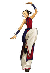 Rule 34 | 1girl, baggy pants, bell, black hair, braid, braided hair rings, china dress, chinese clothes, dress, fatal fury, fighting stance, grin, hair bell, hair ornament, hair rings, kung fu, li xiangfei, nona, official art, pants, sash, simple background, slippers, smile, snk, solo, standing, standing on one leg, the king of fighters, the king of fighters 2001, toned, twin braids, vambraces, white background