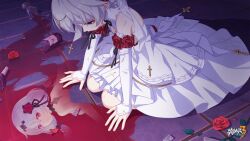 Rule 34 | alcohol, bare legs, bare shoulders, bottle, chinese commentary, closed mouth, cross, cup, detached sleeves, dress, drinking glass, flower, hair flower, hair ornament, hand on floor, highres, honkai (series), honkai impact 3rd, kneeling, logo, long hair, looking at another, m legs, official alternate costume, official art, official wallpaper, on floor, open hands, red eyes, red flower, red rose, reflection, rose, theresa apocalypse, theresa apocalypse (luna kindred), white dress, white hair, white sleeves, wine, wine bottle, wine glass