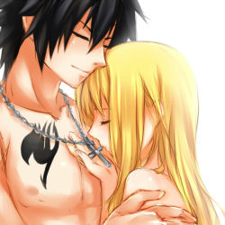 Rule 34 | 1boy, 1girl, bare shoulders, blonde hair, couple, cross, closed eyes, fairy tail, gray fullbuster, hair down, hetero, hug, jewelry, light smile, long hair, lucy heartfilia, necklace, topless male, strib und werde, tattoo, topless