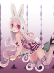 Rule 34 | 1girl, :&lt;, animal ears, animal hat, broom, broom riding, colored eyelashes, dress, eyelashes, frilled thighhighs, frills, from side, hat, heart, heart-shaped pupils, high heels, john hathway, long hair, looking at viewer, original, pink eyes, pink hair, rabbit ears, red eyes, riding, signature, solo, striped, symbol-shaped pupils, thighhighs, vertical stripes, very long hair, wavy hair, white thighhighs