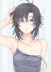 Rule 34 | 1girl, :o, antenna hair, arm up, armpits, bare shoulders, black hair, breasts, camisole, collarbone, grey background, half-closed eyes, highres, idolmaster, idolmaster (classic), kikuchi makoto, looking at viewer, messy hair, open mouth, purple eyes, scratching head, short hair, sleepy, small breasts, solo, strap slip, tsurui, upper body