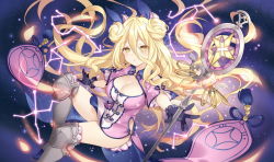 Rule 34 | 1girl, blonde hair, blush, boots, breasts, cleavage, cleavage cutout, clothing cutout, commentary request, cowboy shot, date a live, double bun, dress, hair bun, holding, holding staff, hoshimiya mukuro, knee boots, large breasts, long hair, looking at viewer, parted lips, rie (reverie), scorpius (constellation), sky, solo, staff, star (sky), starry sky, thighs, yellow eyes