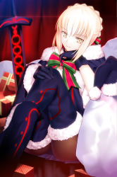 Rule 34 | 1girl, artoria pendragon (all), artoria pendragon (fate), bag, black footwear, black gloves, black hat, black pantyhose, black santa costume, blonde hair, blurry, boots, bow, bowtie, box, brown thighhighs, closed mouth, crossed legs, curtains, depth of field, eyebrows, fate/grand order, fate (series), fur-trimmed boots, fur trim, gift, gift box, glint, gloves, hat, head rest, highres, knees up, light particles, looking at viewer, machimura komori, pantyhose, saber (fate), saber alter, santa alter, santa costume, santa hat, sitting, smile, solo, striped bow, striped bowtie, striped clothes, striped neckwear, sword, thigh boots, thighhighs, unworn hat, unworn headwear, weapon, yellow eyes