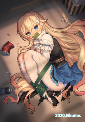 Rule 34 | 1girl, angry, belt, bianka durandal ataegina, black footwear, blonde hair, blue eyes, blue skirt, blush, bottle, bound, breasts, brown belt, can, cigarette, commentary, frills, gag, gagged, hair between eyes, high heels, highres, honkai (series), honkai impact 3rd, improvised gag, large breasts, long hair, looking at viewer, pantyhose, restrained, rikume, shoes, skirt, solo, tape, tape gag, thighs, torn clothes, torn pantyhose, v-shaped eyebrows, very long hair, white pantyhose