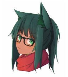 Rule 34 | 1girl, absurdres, alternate costume, animal ears, anubis (monster girl encyclopedia), artist request, black-framed eyewear, blush, casual, closed mouth, commission, glasses, green eyes, green hair, highres, long hair, looking at viewer, monster girl encyclopedia, ponytail, portrait, red scarf, scarf, simple background, smile, solo, white background, wolf ears
