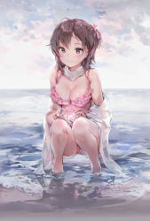 Rule 34 | 1girl, anmi, bare shoulders, beach, bikini, blush, breasts, brown hair, closed mouth, commentary, day, frilled bikini, frills, hair between eyes, highres, horizon, light smile, looking at viewer, medium breasts, one side up, open clothes, open shirt, original, outdoors, purple bikini, purple eyes, shirt, smile, solo, squatting, swimsuit, tsurime, wading, white shirt