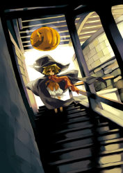 Rule 34 | 1girl, blonde hair, bloomers, cape, hat, jack-o&#039;-lantern, nomahee, original, pumpkin, short hair, solo, stairs, underwear, witch, witch hat