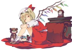 Rule 34 | 1girl, bad id, bad twitter id, blonde hair, blush, bobby socks, bow, character doll, clock, crystal, flandre scarlet, from side, full body, hair between eyes, hasebe yuusaku, hat, hat bow, hugging own legs, loafers, looking at viewer, looking to the side, mob cap, pillow, red bow, red eyes, red skirt, red vest, remilia scarlet, shirt, shoes, side ponytail, sitting, skirt, skirt set, smile, socks, solo, stuffed animal, stuffed toy, teddy bear, touhou, vest, white shirt, white socks, wings