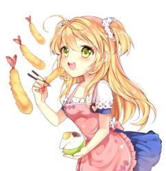 Rule 34 | 1girl, apron, blonde hair, blush, bowl, collarbone, food, green eyes, holding, holding bowl, holding food, long hair, looking at viewer, open mouth, original, pingo, smile, solo