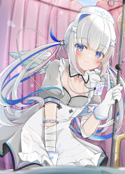 Rule 34 | 1girl, absurdres, amane kanata, amane kanata (nurse), bandaged arm, bandages, blue eyes, blue hair, blurry, blush, closed mouth, commentary request, depth of field, dress, feathered wings, flat chest, gloves, grey hair, hair ornament, hat, highres, hololive, indoors, kneeling, long hair, looking at viewer, mini wings, multicolored hair, nurse cap, puffy short sleeves, puffy sleeves, rate mogyu, short sleeves, smile, solo, streaked hair, twintails, virtual youtuber, white dress, white gloves, white wings, wings, x hair ornament
