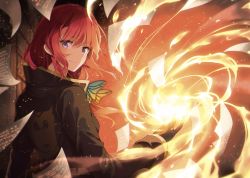 Rule 34 | 1girl, black coat, black gloves, blurry, butterfly hair ornament, closed mouth, coat, depth of field, eve ignite, fire, flying paper, gloves, hair ornament, highres, long hair, long sleeves, looking at viewer, looking to the side, magic, mishima kurone, novel illustration, official art, paper, purple eyes, red hair, rokudenashi majutsu koushi to akashic record, sidelocks, solo, textless version, upper body