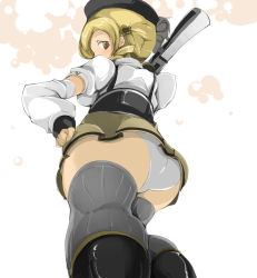 Rule 34 | 10s, 1girl, arm warmers, ass, bad id, bad pixiv id, beret, blonde hair, boots, corset, detached sleeves, drill hair, fingerless gloves, foreshortening, from below, gloves, grey thighhighs, gun, hair ornament, hairpin, hat, kneepits, magical girl, magical musket, mahou shoujo madoka magica, mahou shoujo madoka magica (anime), md5 mismatch, name john, panties, pantyshot, puffy sleeves, rifle, shirt, skirt, solo, striped clothes, striped thighhighs, thighhighs, tomoe mami, underwear, upskirt, vertical-striped clothes, vertical-striped thighhighs, weapon, white panties, yellow eyes