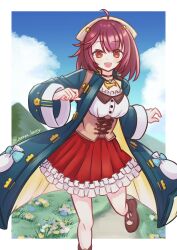 Rule 34 | 1girl, :d, ahoge, atelier (series), atelier sophie, blue coat, blue sky, border, breasts, brown footwear, cloud, coat, commentary request, corset, day, fang, frilled skirt, frills, grass, head scarf, highres, jewelry, lise imo, long sleeves, looking at viewer, medium breasts, necklace, open mouth, orange eyes, outdoors, pleated skirt, red hair, red skirt, shirt, shoes, short hair, skirt, sky, smile, solo, sophie neuenmuller, standing, standing on one leg, twitter username, white border, white shirt, wide sleeves