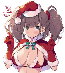 Rule 34 | 1girl, atlanta (kancolle), bikini, blush, breasts, brown hair, capelet, closed mouth, dated, earrings, gloves, grey eyes, hat, jewelry, kantai collection, large breasts, long hair, looking at viewer, odawara hakone, one-hour drawing challenge, red bikini, red capelet, red gloves, santa bikini, santa costume, santa hat, simple background, solo, star (symbol), star earrings, swimsuit, twitter username, two side up, upper body, white background