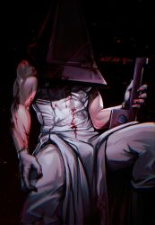 Rule 34 | 1boy, blood, blood on clothes, blood on gloves, boots, edith lanzhen, gloves, helmet, highres, holding, holding sword, holding weapon, large pectorals, male focus, muscular, muscular male, pants, pectorals, pyramid head, silent hill (series), silent hill 2, solo, sword, twitter username, weapon, white gloves, white pants